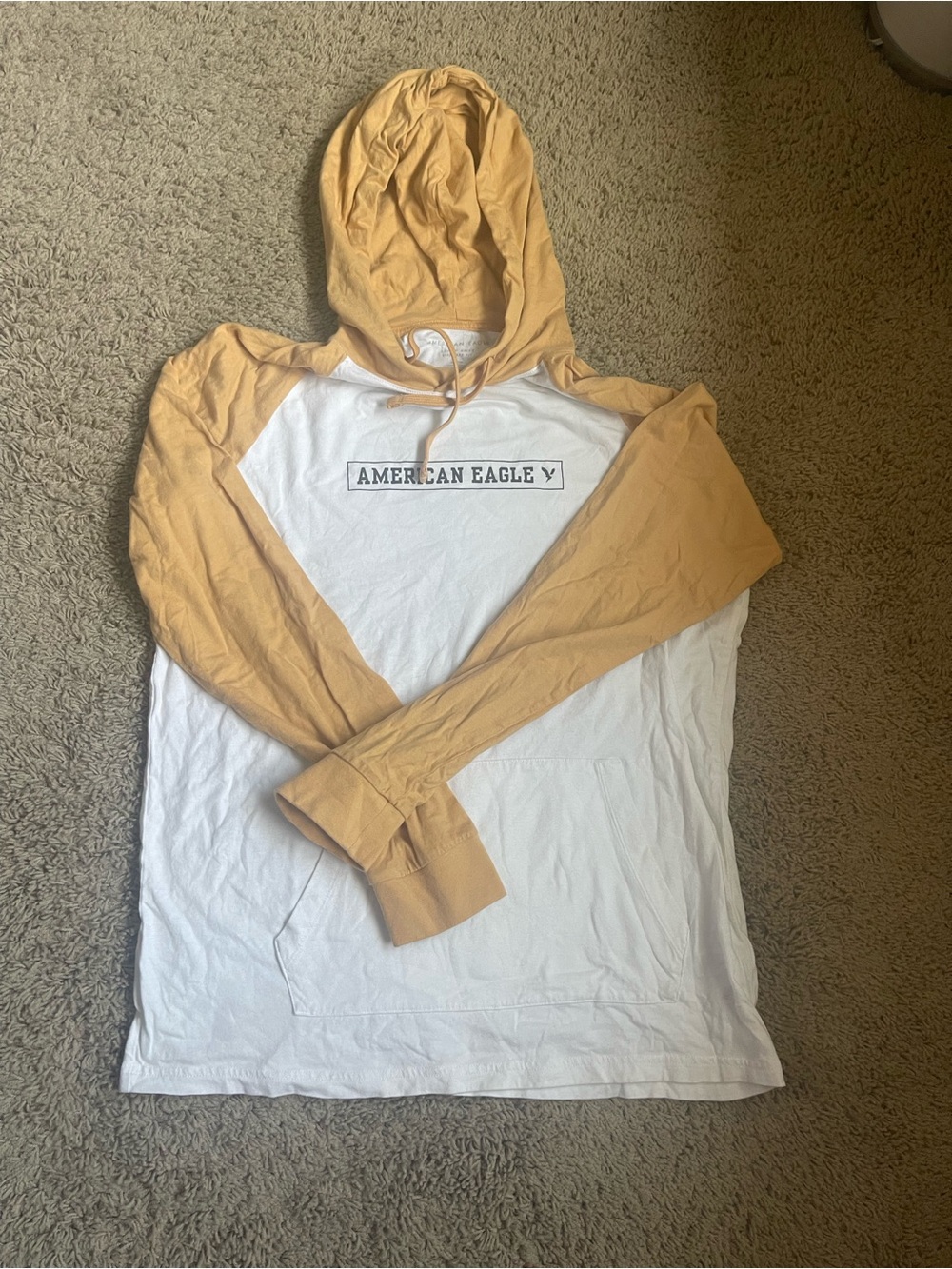 American Eagle White Tee with Mustard Yellow Hood and Drawstrings